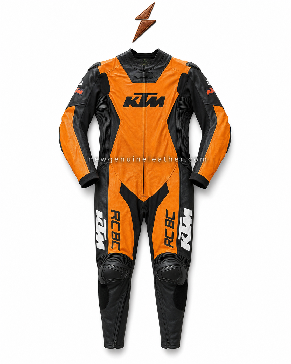 Orange Motorcycle Suit Front View | New Genuine Leather Orange Motorcycle Suit front view with black racing panels, knee sliders and newgenuineleather.com