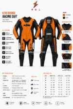 Orange Motorcycle Suit rear view with Ready to Race graphic, orange panels and black stretch sections