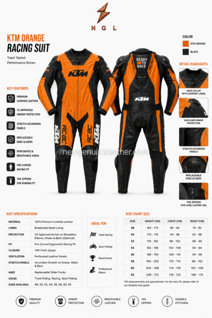 Orange Motorcycle Suit rear view with Ready to Race graphic, orange panels and black stretch sections