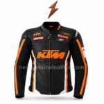 Orange Racing Jacket specification infographic with front and back views, features, size chart and branding details