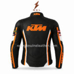 Orange Racing Jacket back view with large orange rear graphic, black contoured panels and white side inserts
