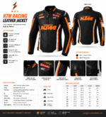 Racing Jacket front view with black leather panels, orange chest graphics, white inserts and newgenuineleather.com