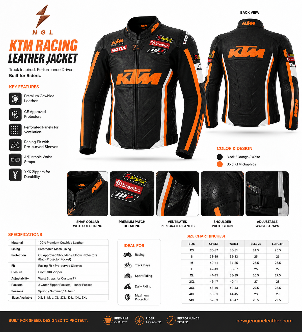 Orange Racing Jacket Specifications and Size Chart Racing Jacket front view with black leather panels, orange chest graphics, white inserts and newgenuineleather.com