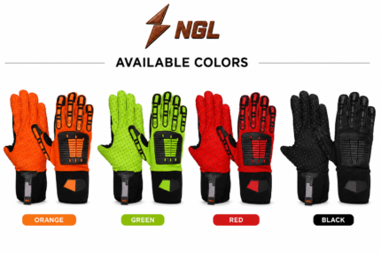 Orange and black IMPACT MECHANIC GLOVES showing dotted palm grip, segmented finger protection and long black cuffs.
