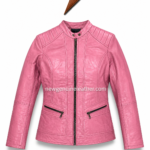 Premium pink LADIES LEATHER JACKET featuring stand collar and tailored stitching