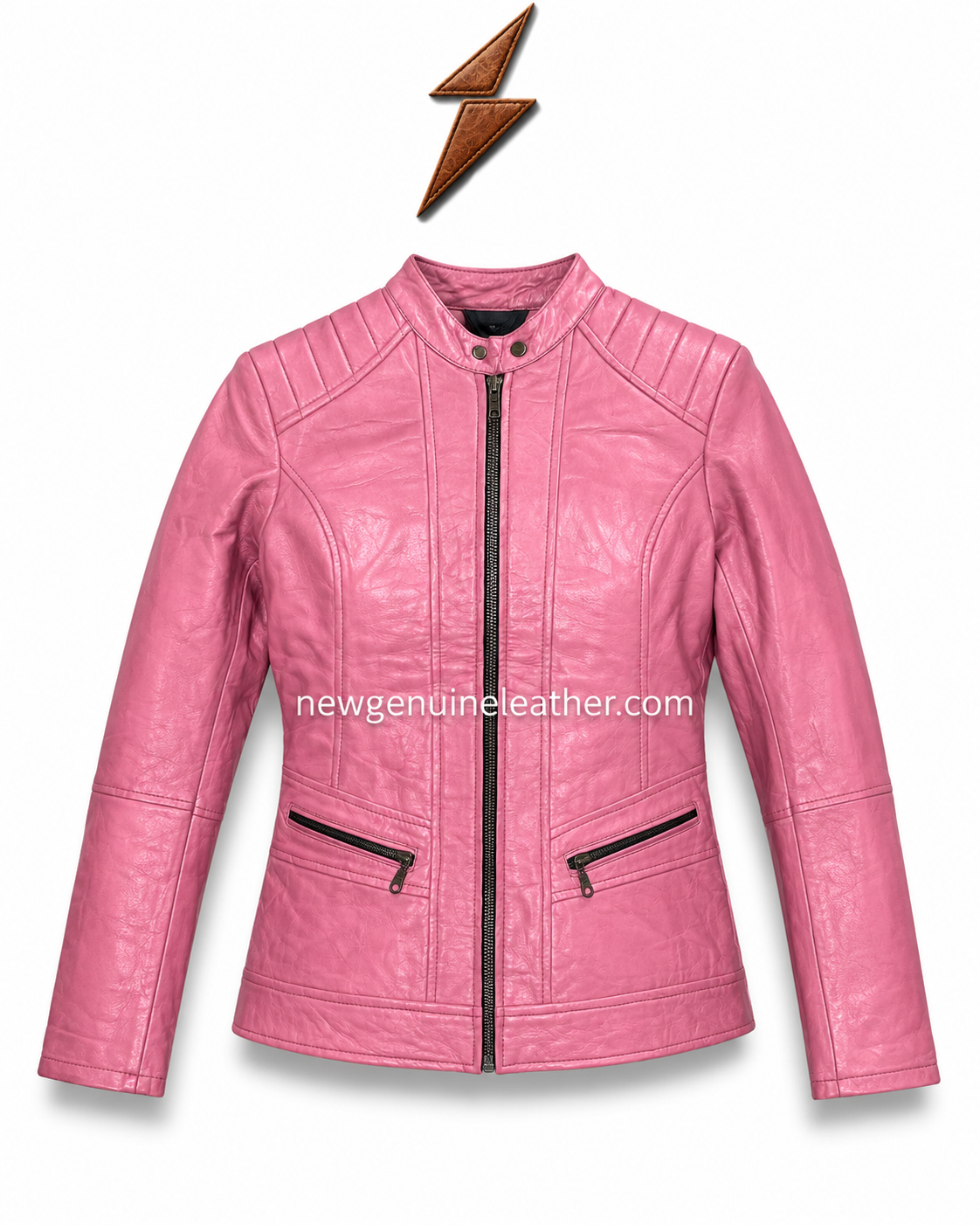 Pink Ladies Leather Jacket Front View Premium pink LADIES LEATHER JACKET featuring stand collar and tailored stitching