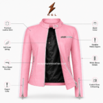 Pink ladies leather jackets with white sleeve stripes, asymmetric zipper and silver hardware by newgenuineleather.com