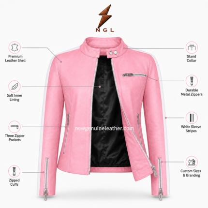 Pink ladies leather jackets with white sleeve stripes, asymmetric zipper and silver hardware by newgenuineleather.com