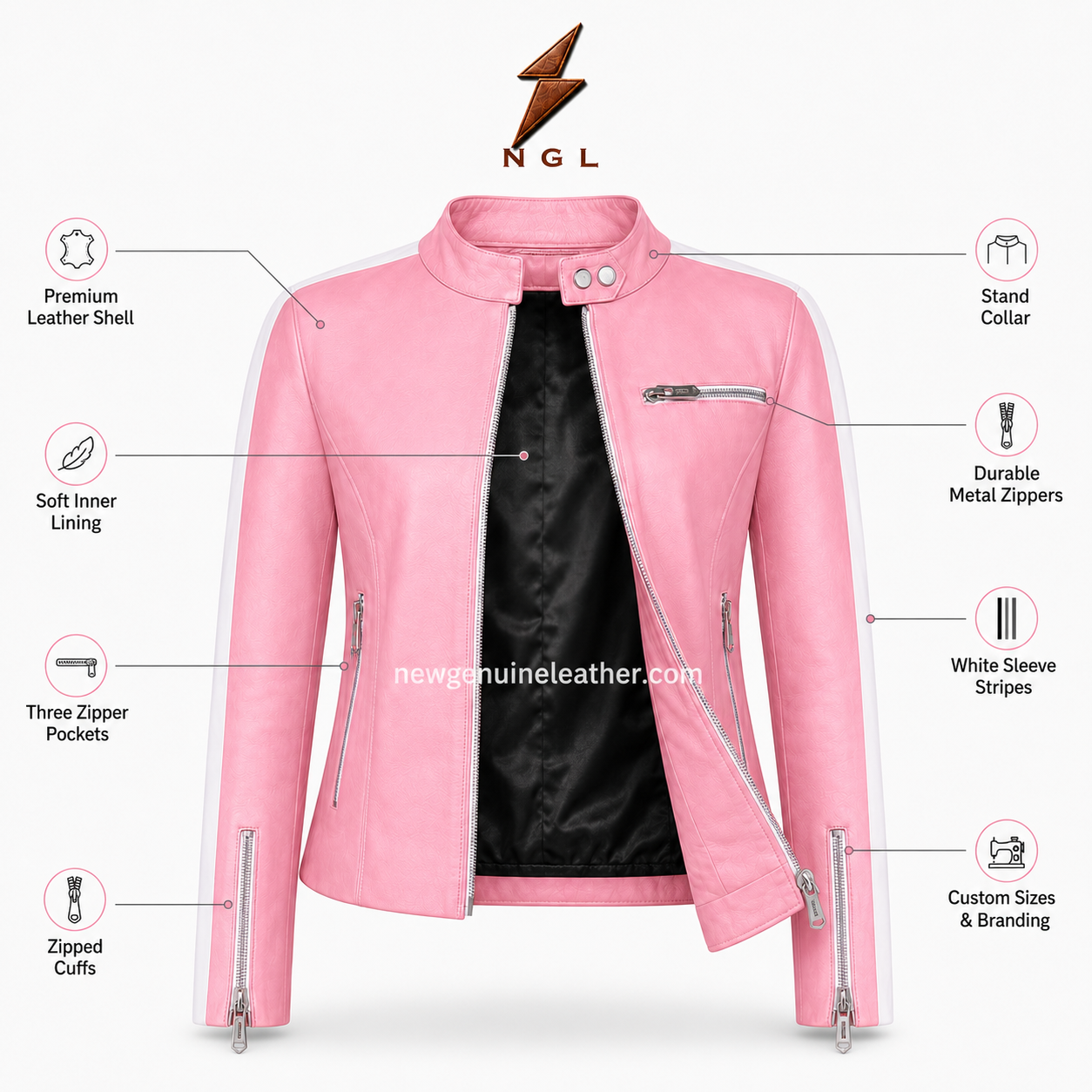 Pink Ladies Leather Jackets Front View | newgenuineleather.com Pink ladies leather jackets with white sleeve stripes, asymmetric zipper and silver hardware by newgenuineleather.com