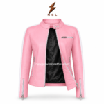 Open pink ladies leather jackets showing smooth interior lining, white sleeve stripes and metal hardware by newgenuineleather.com