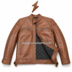 Quilted biker jacket in tan brown leather with front zip closure and chest zipper pockets