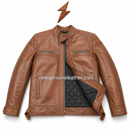 Quilted biker jacket in tan brown leather with front zip closure and chest zipper pockets