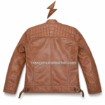 Quilted biker jacket back pose with stitched shoulder grid and waist buckle tabs