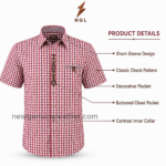 Red Check Bavarian Shirt front view with decorative placket, chest pocket and NGL logo by newgenuineleather.com