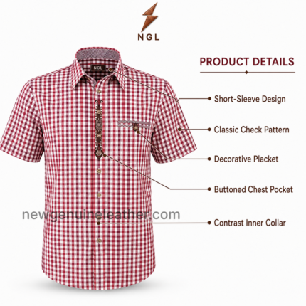 Red Check Bavarian Shirt front view with decorative placket, chest pocket and NGL logo by newgenuineleather.com
