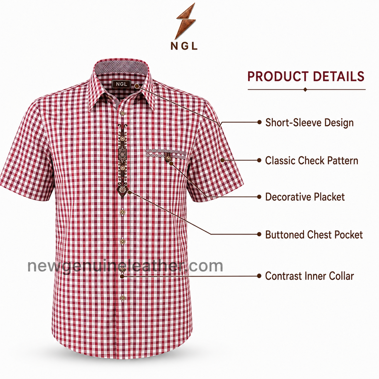 Red Check Bavarian Shirt Back – newgenuineleather.com Red Check Bavarian Shirt front view with decorative placket, chest pocket and NGL logo by newgenuineleather.com