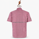 Red Check Bavarian Shirt specification image highlighting collar, placket, pocket and short sleeves by newgenuineleather.com