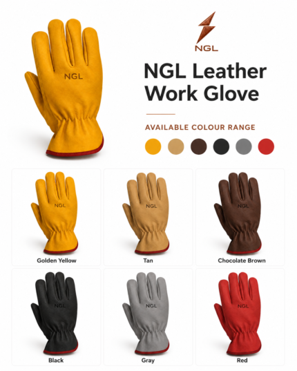 Leather driving gloves showing golden leather grain, stitched fingers, elastic wrist, and red edging by newgenuineleather.com