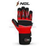 Red impact work gloves with black synthetic palm, reinforced thumb and light contrast stitching