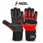 Wholesale red impact work gloves with long black cuffs and branded NGL adjustable wrist straps