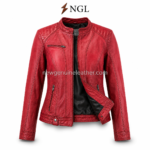Red leather motorcycle jacket back view with shaped panel stitching and quilted lower back
