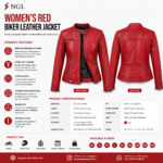 Women’s red leather motorcycle jacket with stand collar and black inner lining