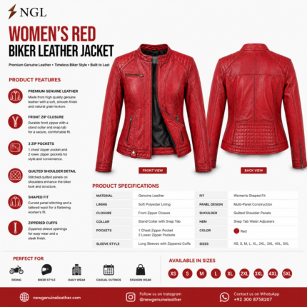 Women’s red leather motorcycle jacket with stand collar and black inner lining