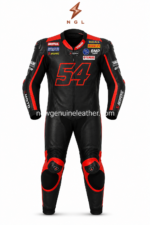 Red Motorcycle Racing Suit rear view with large number 54, accordion waist panel and NGL logo placement