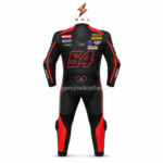 Red Motorcycle Racing Suit specifications infographic with size chart, protector details and newgenuineleather.com