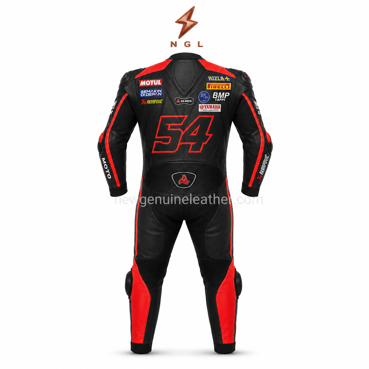 Red Motorcycle Racing Suit Front View | NGL Red Motorcycle Racing Suit specifications infographic with size chart, protector details and newgenuineleather.com