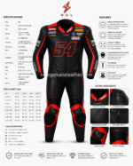 ed Motorcycle Racing Suit front view with black leather panels, number 54 graphics and newgenuineleather.com