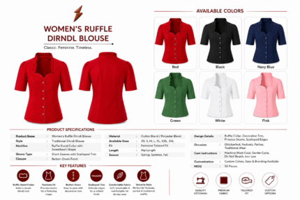 Red Ruffle Dirndl Blouse color range in red, black, navy, green, white and pink newgenuineleather.com