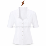 Red Ruffle Dirndl Blouse back view with fitted princess seams, short sleeves and top-center NGL leather logo