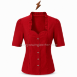 Red Ruffle Dirndl Blouse front view with sweetheart neckline, silver buttons, princess seams and NGL logo by newgenuineleather.com