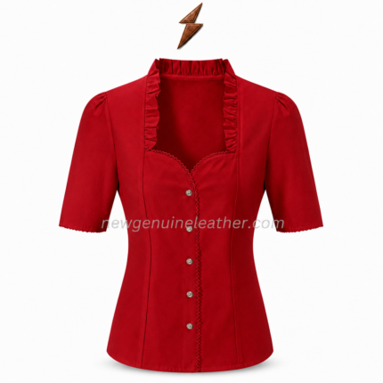 Red Ruffle Dirndl Blouse front view with sweetheart neckline, silver buttons, princess seams and NGL logo by newgenuineleather.com