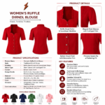 Red Ruffle Dirndl Blouse close-up with sweetheart neckline, gathered collar, metallic buttons and decorative scalloped stitching