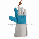 Blue palm welding gloves featuring cross-stitched reinforcement and long grey cuffs