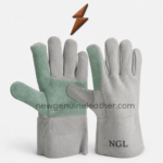 Short welding gloves showing green palm panel, grey fingers, extended cuff and stitched construction from newgenuineleather.com