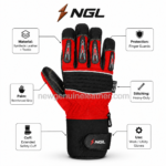 Red impact work gloves with black reinforced palm, finger guards and NGL logo by newgenuineleather.com
