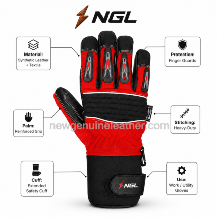 Red impact work gloves with black reinforced palm, finger guards and NGL logo by newgenuineleather.com