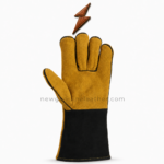 Yellow gauntlet welding gloves showing palm panels, thumb seam, and black NGL print