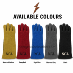 Yellow welding gloves showing layered palm, diagonal thumb reinforcement and dark stitched edges