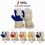 Blue reinforced rigger glove with beige canvas cuff, grey leather fingers and NGL branding by newgenuineleather.com
