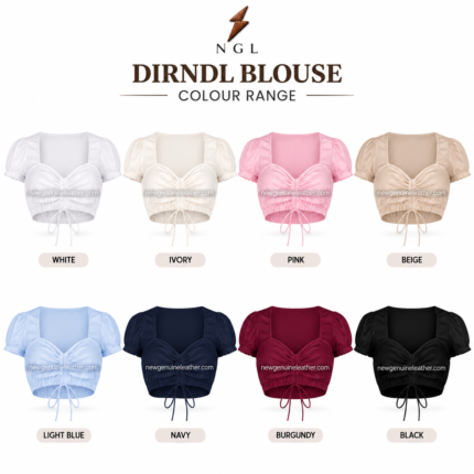 Ruched Dirndl Blouse in white with sweetheart neckline, puff sleeves, adjustable drawstring and newgenuineleather.com
