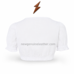 Ruched Dirndl Blouse specifications showing sweetheart panels, puff sleeves, adjustable front tie and OEM construction