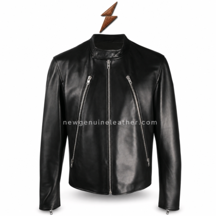 Black sheep leather jackets specification image with collar, zipper, pocket and cuff details by newgenuineleather.com