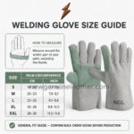 Short welding gloves in grey split leather with green reinforced palm and black NGL cuff logo by newgenuineleather.com