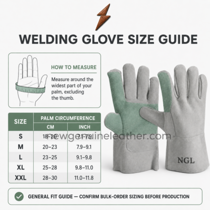 Short welding gloves in grey split leather with green reinforced palm and black NGL cuff logo by newgenuineleather.com