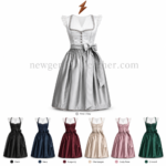 Silver Satin Dirndl front view with white lace blouse, fitted jacquard bodice, silver bow and newgenuineleather.com