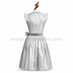 Silver Satin Dirndl specifications showing lace neckline, front buttons, satin bow, fitted bodice and flowing skirt